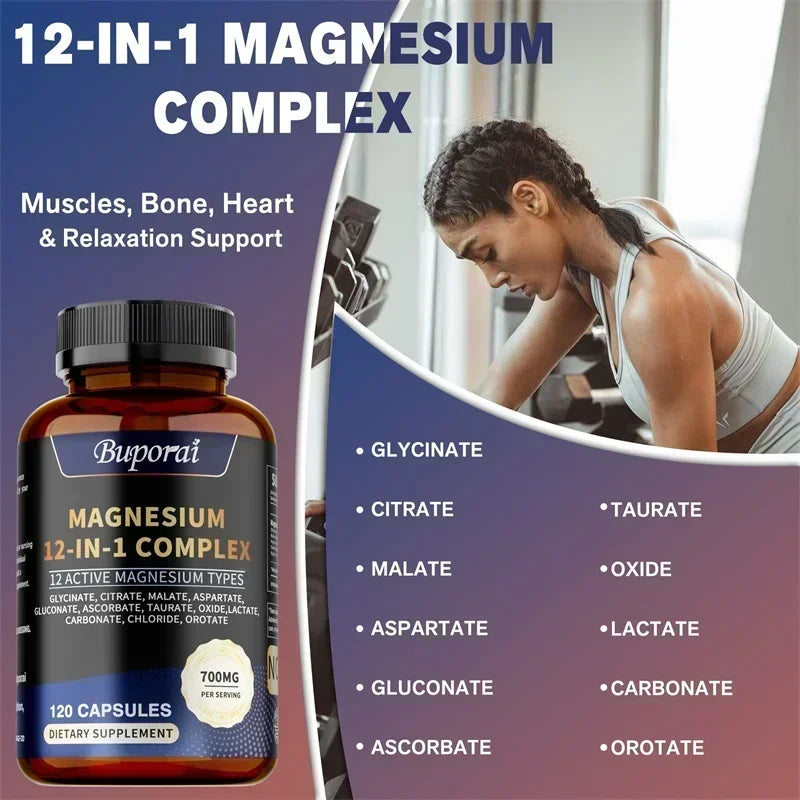 Complejo de magnesio 12 en 1: apoya la salud del corazón y del hueso, ayuda a la relajación, mejora la fuerza muscular y aumenta la inmunidad