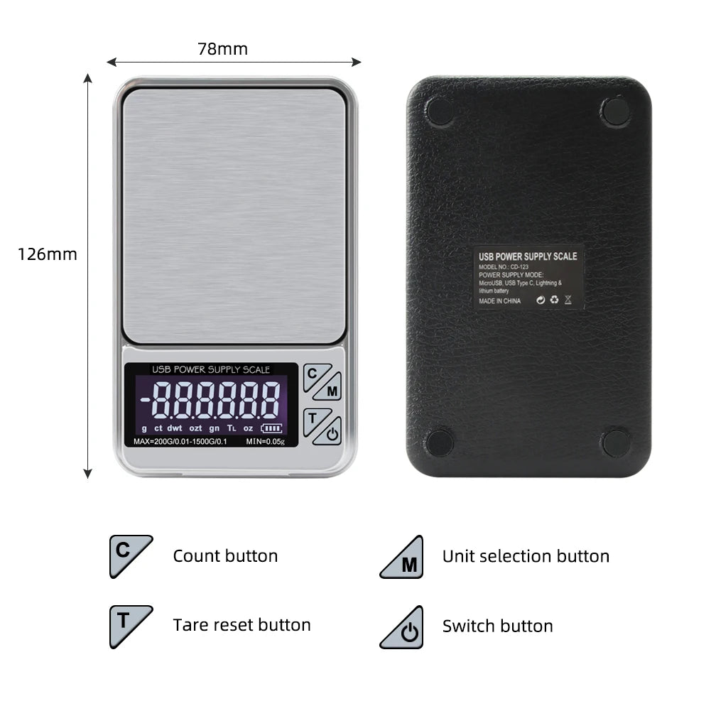 Báscula Digital para joyería, alta precisión, 200g/1000g x 0,01g, precisión, conteo inteligente, balanza de alimentos con gemas, báscula de bolsillo para cocina, carga USB