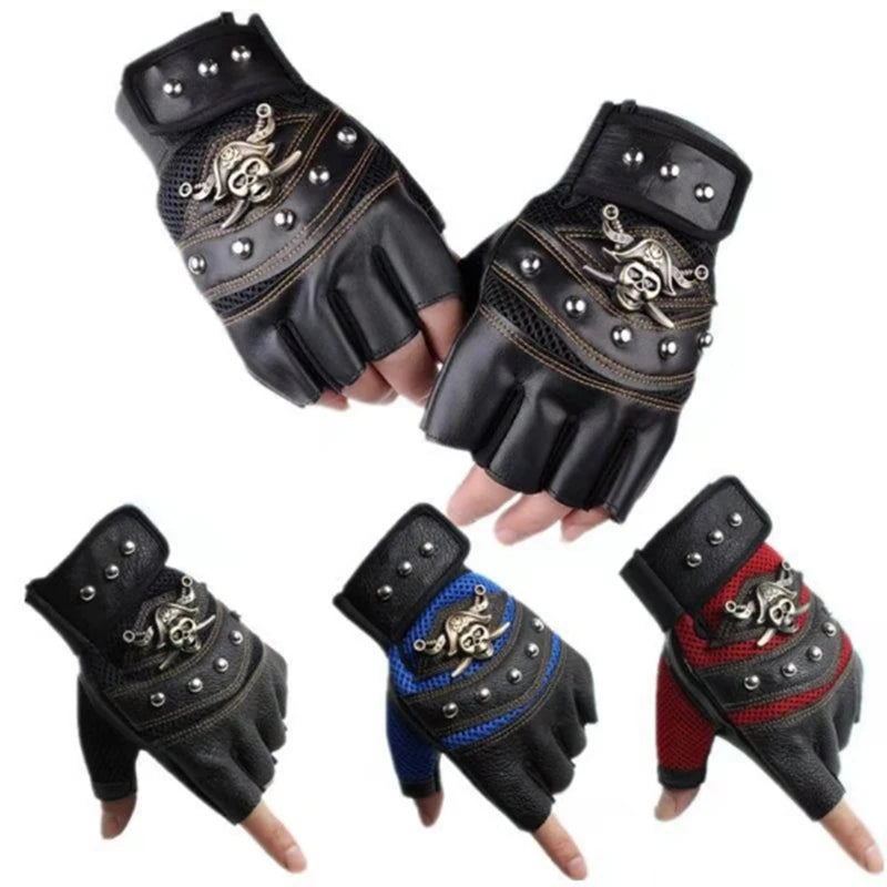 Guantes sin dedos de cuero PU de capitán pirata para hombre y mujer, manoplas con remaches de calaveras, guantes de gimnasio de Hip Hop, guantes de medio dedo para Moto femenina