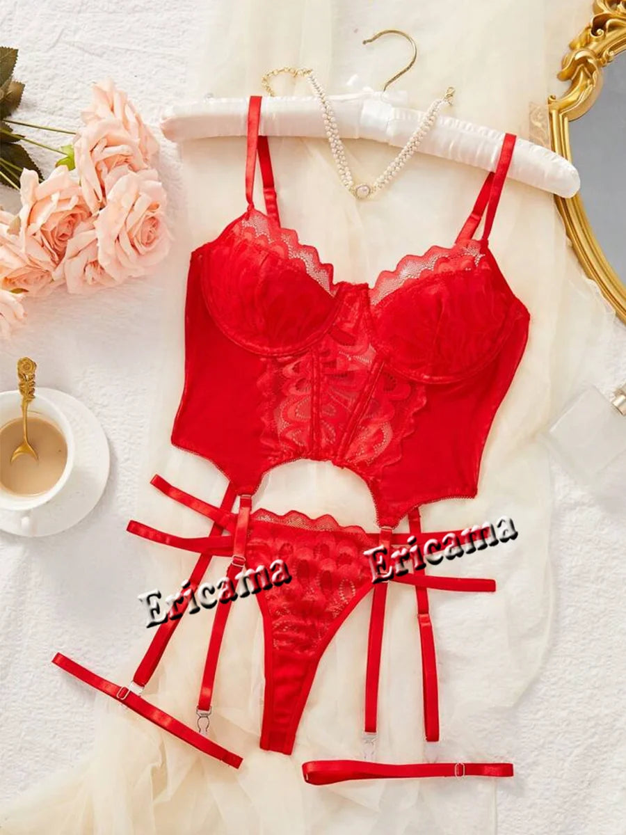 Conjunto de lencería erótica de encaje con decoración de lazo, sujetador íntimo calado con tiras, Tanga y liguero, lencería y ropa interior Sexy para mujer