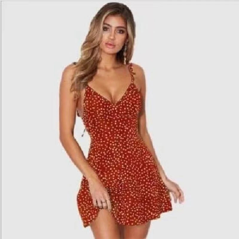 Camisola vestido sin mangas con cuello en V para mujer, minivestido Sexy con tirantes, ajustado, con cordones y lunares, informal, espalda descubierta