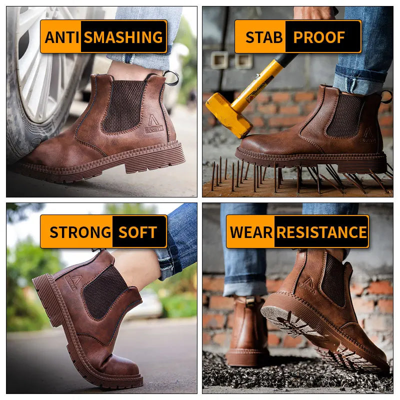Botas de trabajo Lerther para hombre, zapatos de seguridad indestructibles, zapatillas de trabajo a prueba de pinchazos con punta de acero, zapatos de trabajo para hombre