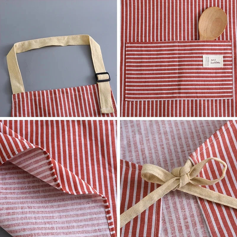 Delantal de lino a rayas para el hogar, sin mangas, cuello colgante, elasticidad ajustable, cocina, jardinería, delantal de estilo japonés nuevo