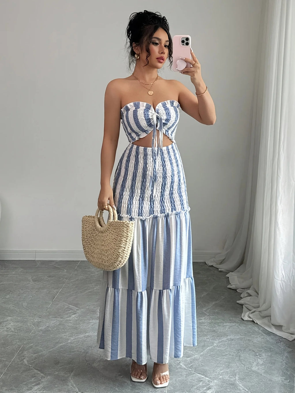 Vestido a Rayas de Moda con Hombros Descubiertos, Falda con Trenzas Delanteras, Elegante Vestido para Damas