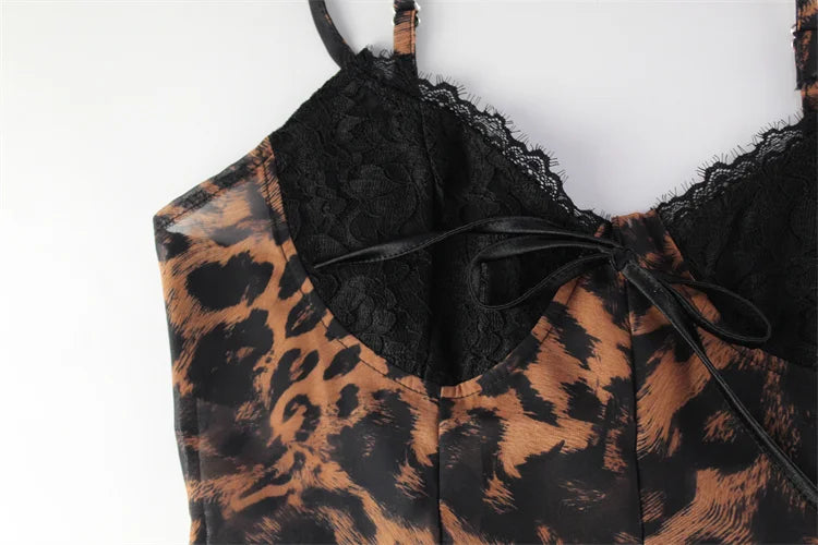 Ahagaga-Mini Vestidos sexis de leopardo para mujer, camisola sin mangas con cuello en V, lazos de encaje ajustados, ropa de calle sin espalda, Vestidos ceñidos