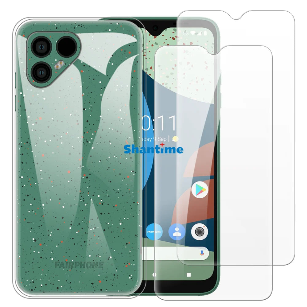 Funda blanda + paquete de 2 protectores de pantalla de vidrio templado para protección de cuerpo completo Fairphone 4