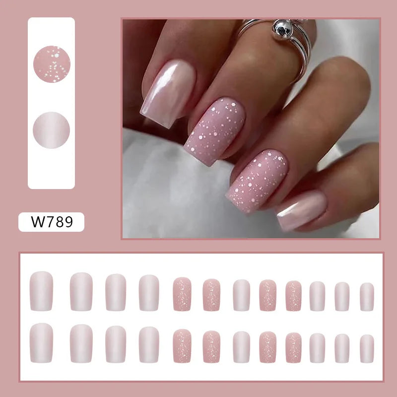 Dulce francés 24 Uds. De uñas postizas degradadas rosas, manicura de dedos artificiales brillantes, uñas postizas reutilizables para mujeres
