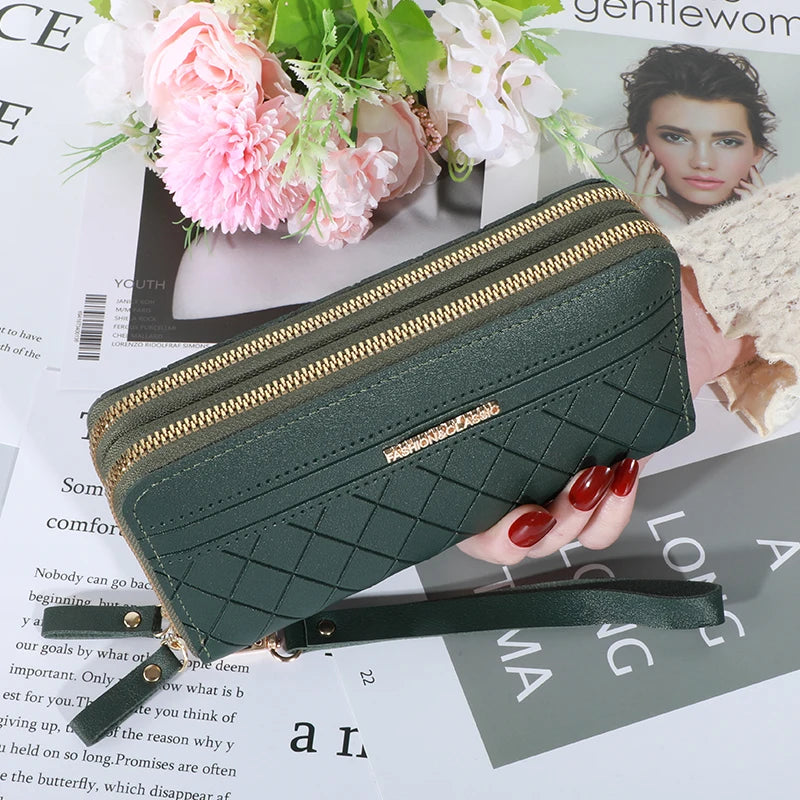 Cartera larga para mujer, monederos con borlas, tarjetero, billeteras con doble cremallera, bolso de mano de cuero Pu, bolso de lujo para dinero y teléfono