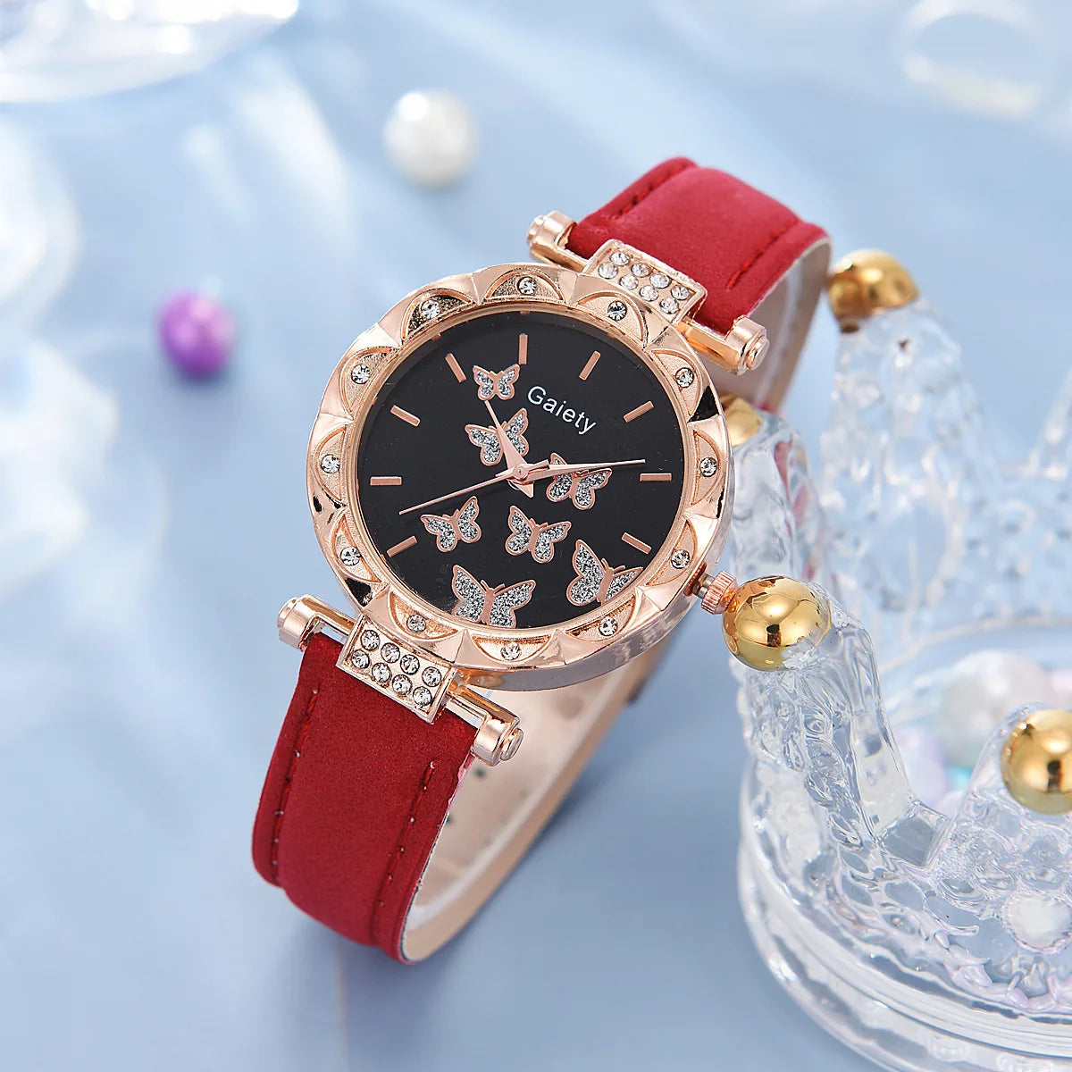 Conjunto de joyería de mariposa (sin caja), relojes para mujer, relojes de cuero para mujer, anillos, collar, pendientes, pulsera, regalo de boda