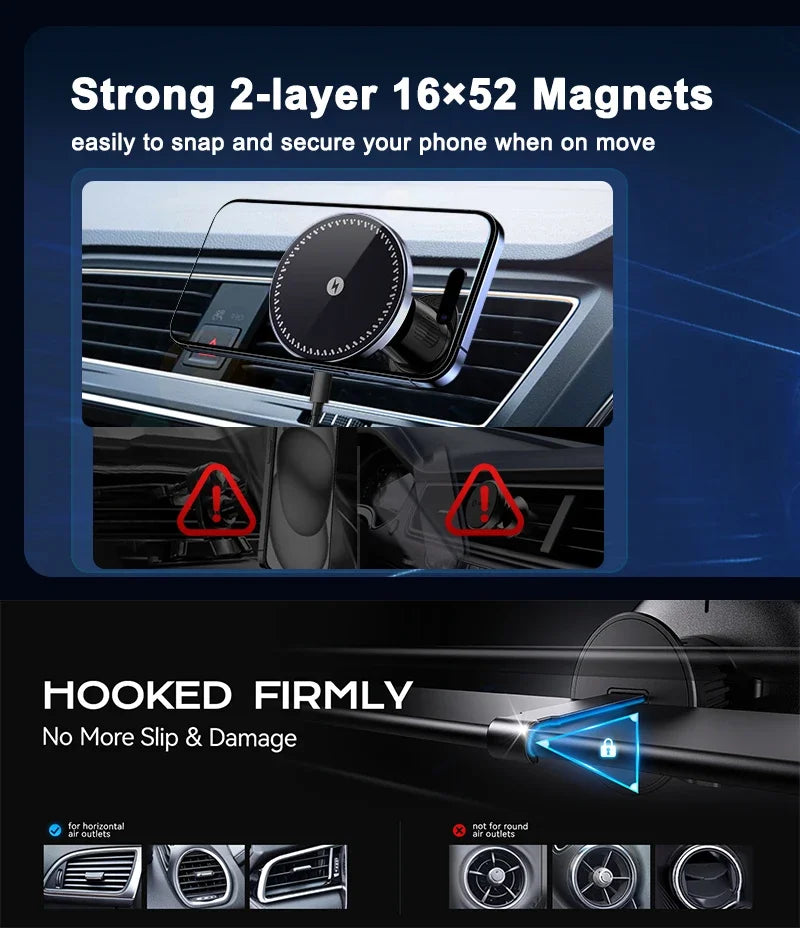 UYUXIO-Adaptador de cargador de teléfono inalámbrico magnético fuerte para coche, soporte de teléfono para salida de aire de 15W para iPhone 16 15 14 13 Pro Max Plus 12
