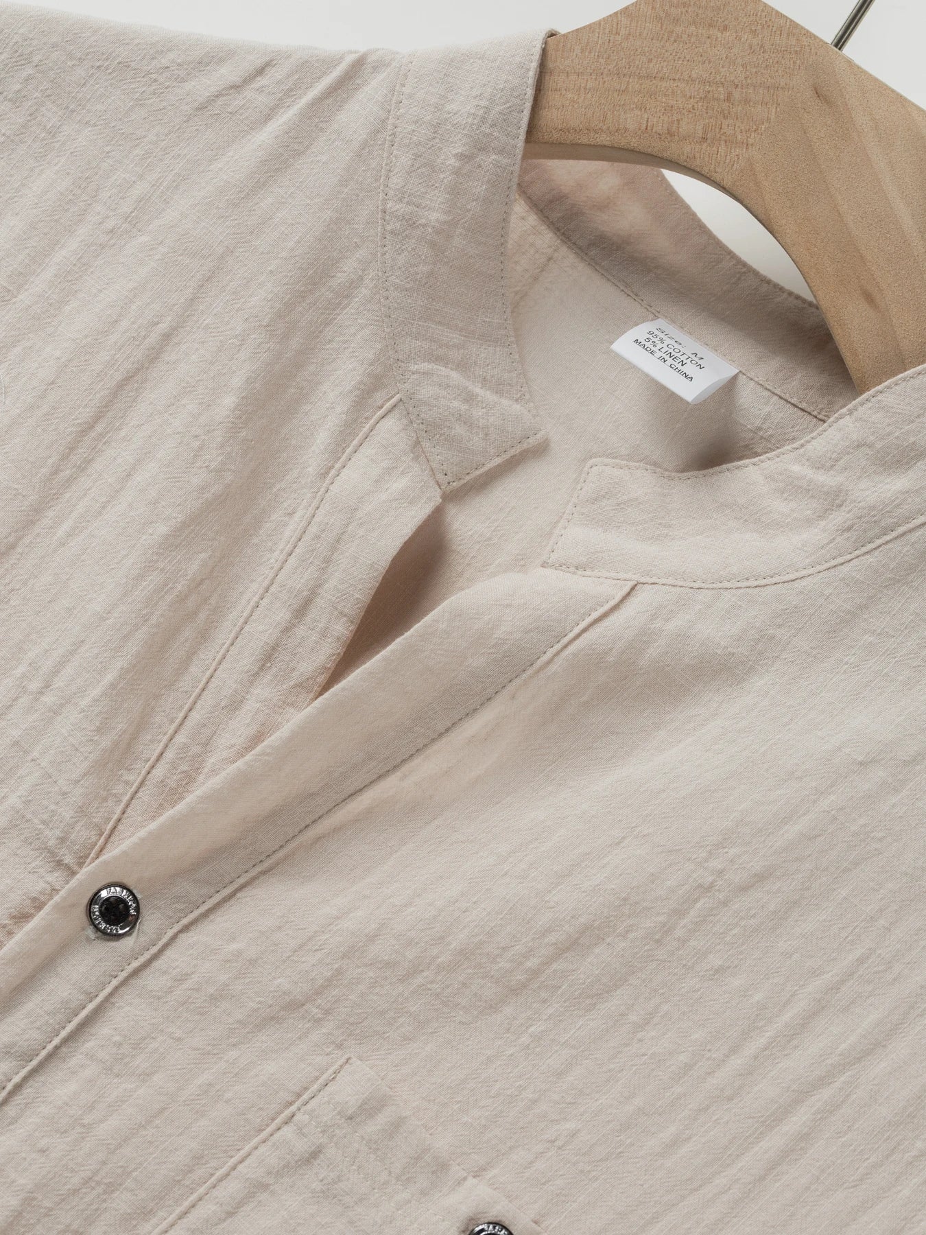 Camisa de manga corta de lino y algodón para hombre con cuello levantado y solapa de medio botón - Ropa informal de ocio al aire libre para primavera y verano