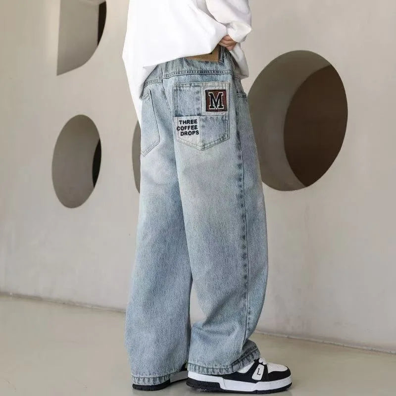 Pantalones vaqueros cálidos de invierno para niños, nuevo estilo, pantalones vaqueros holgados de pierna recta de marca a la moda para adolescentes y niños, pantalones sueltos para niños