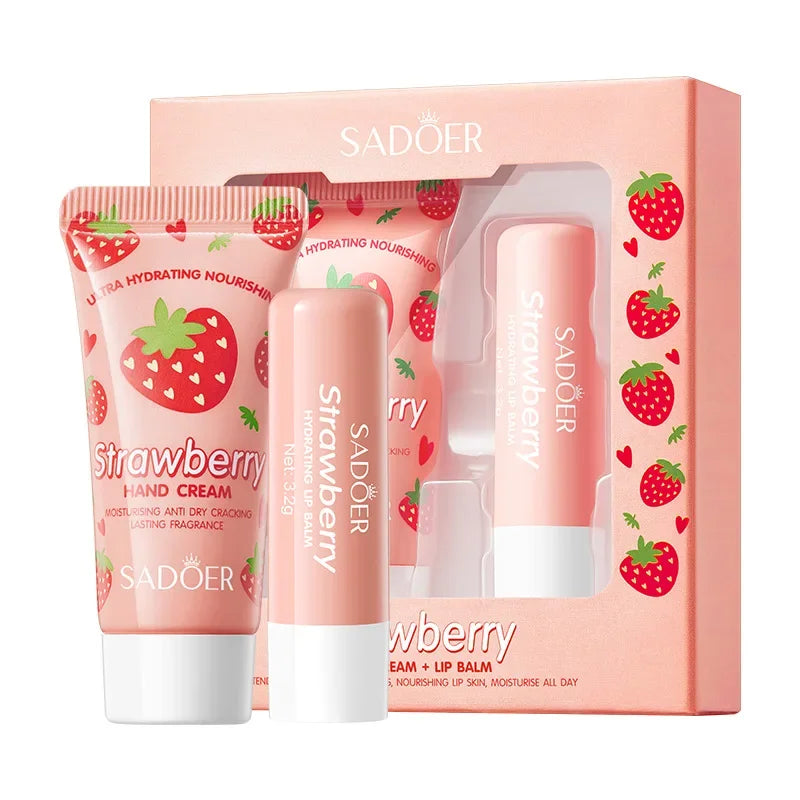 Crema nutritiva de fresa para manos, bálsamo labial, juegos de cuidado de la piel, hidratante, labios regordetes, lápiz labial de frutas, labios regordetes, cuidado de la piel de las manos