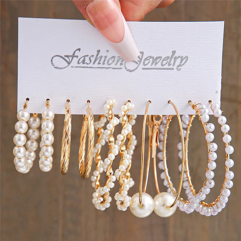 Conjunto de pendientes de aro bohemios de círculo grande para mujer, pendiente de perla Vintage bohemio de Color dorado, pendientes de circonita con forma de corazón, regalos de joyería