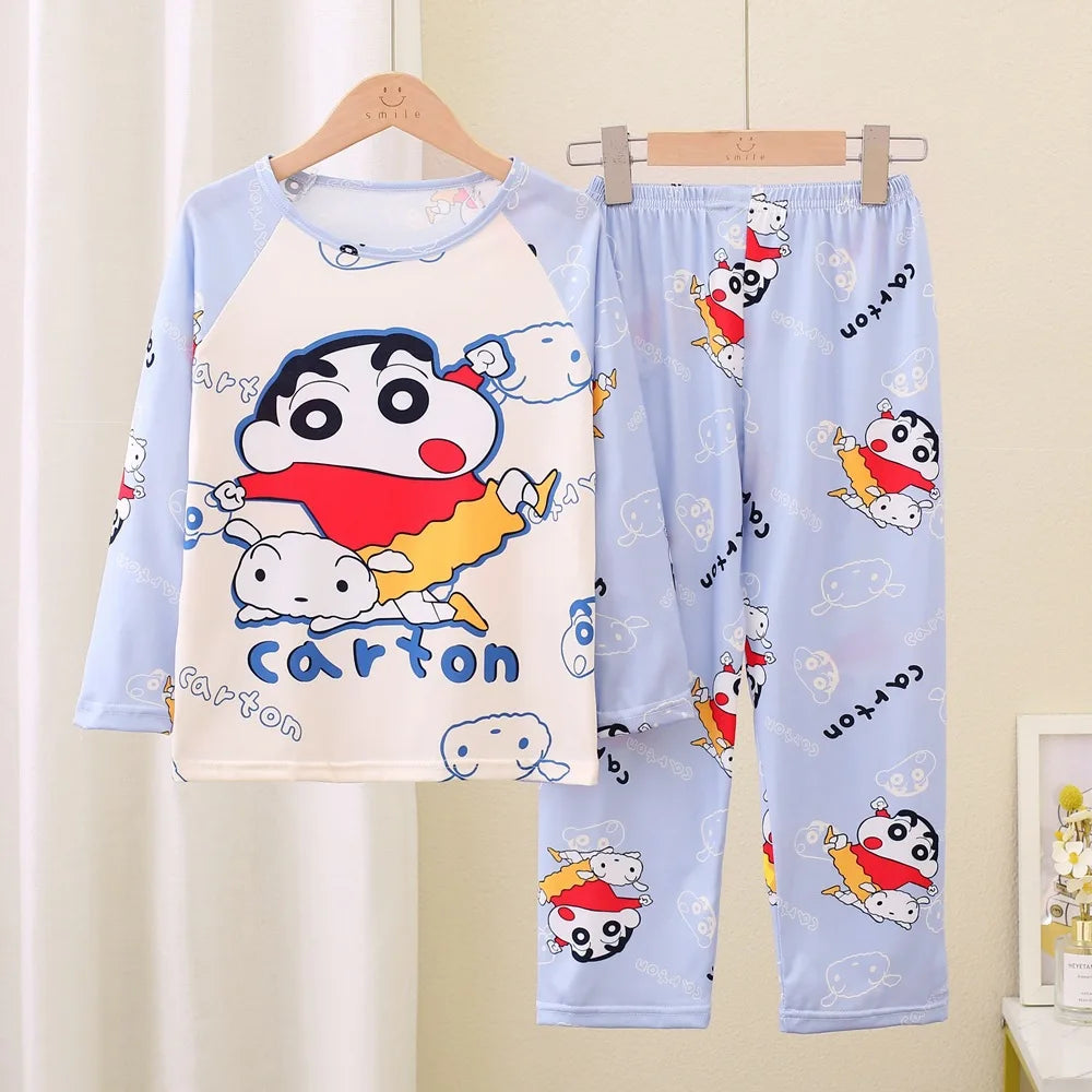 Anime 2 uds crayón de dibujos animados Shin-Chan pijamas para niños pantalones de manga larga conjunto Kawaii niñas lindo Casual ropa de dormir suelta