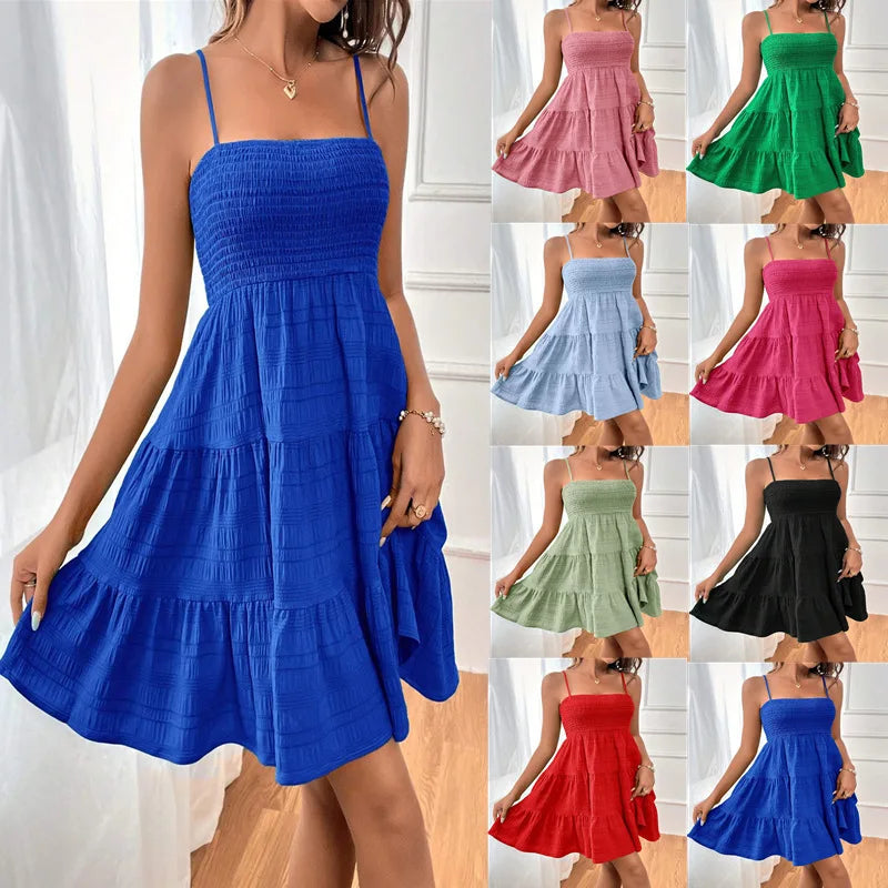 Minivestido con corpiño ahumado y tirantes finos para mujer, vestido azul con volantes escalonados, ropa informal de verano para vacaciones y playa