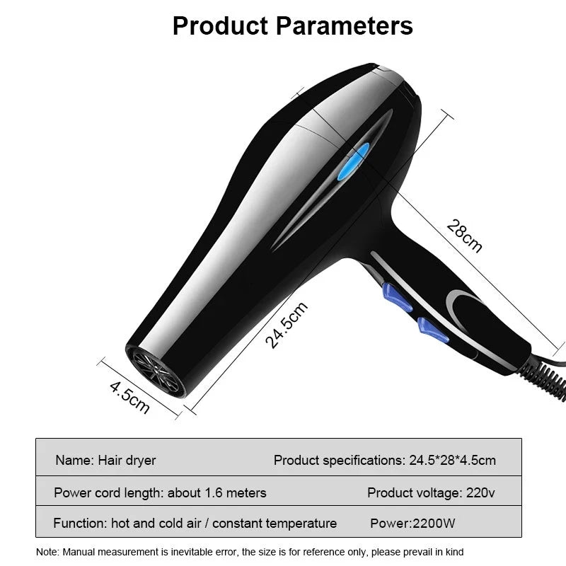 Secador de pelo 2200W, potente secador de pelo profesional, calentamiento rápido, ajuste frío y caliente, secador de aire iónico con colector de aire