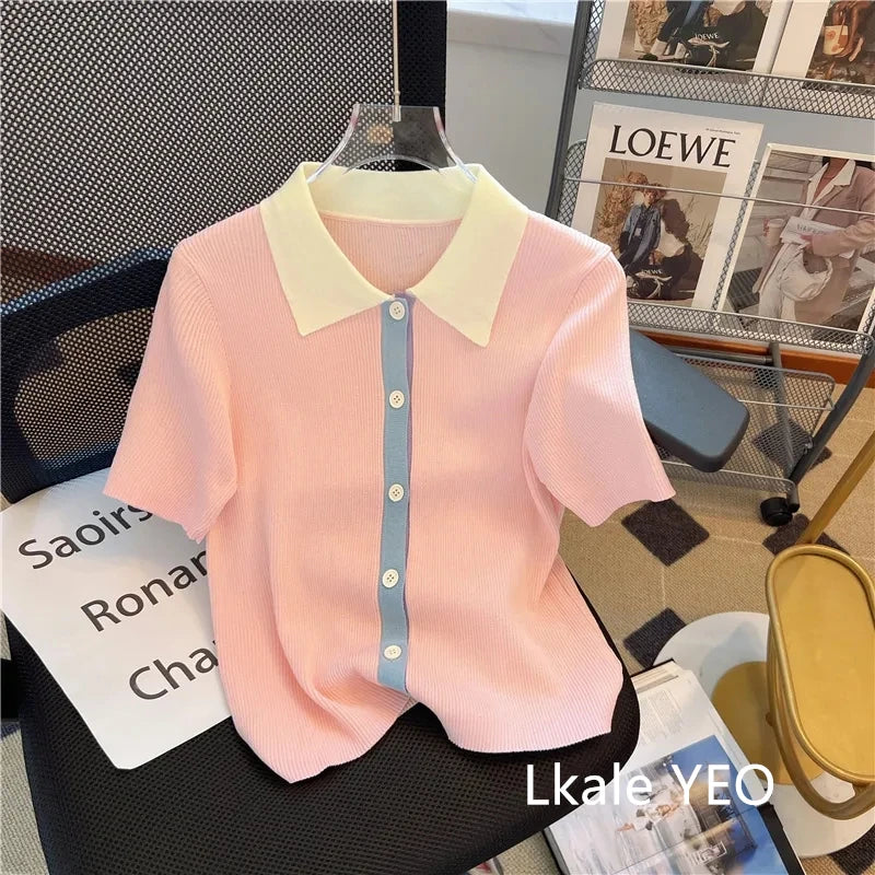 Primavera Verano 2025 diseño Sense Polo cuello mujer camiseta Casual cómoda Color contrastante Be All-match señoras Top de punto