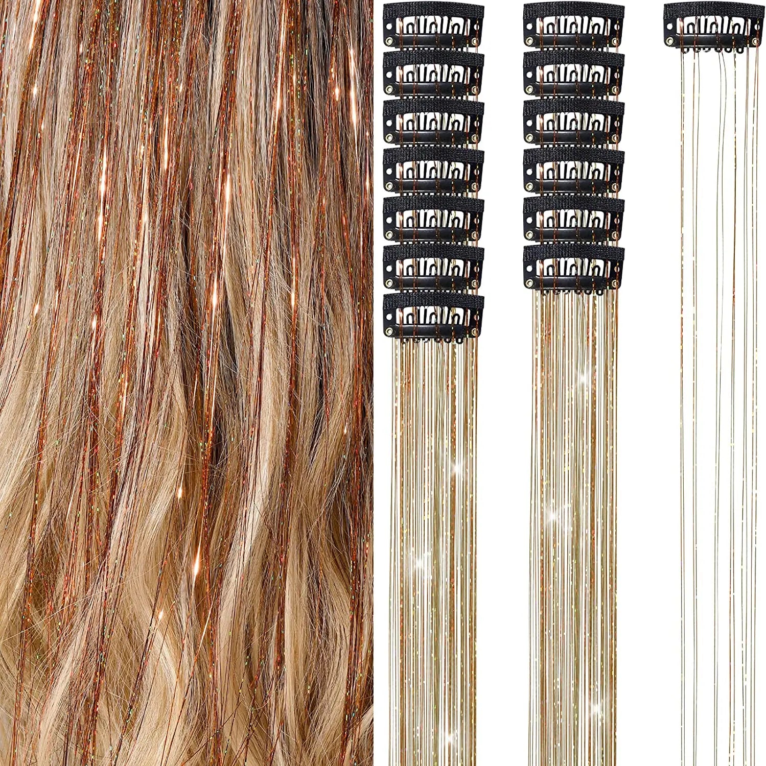 6 uds 50cm chispeantes pelo brillante oropel extensiones de cabello oropel extensiones de Clip de pelo sintético mujeres para tocado trenzado
