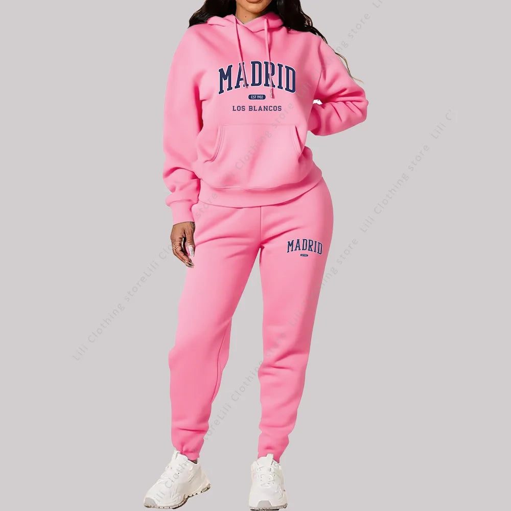 Nuevo chándal para mujer, sudaderas con capucha de otoño e invierno, pantalones de chándal, trajes de 2 piezas, ropa deportiva con estampado de Madrid, conjuntos de pantalones para mujer