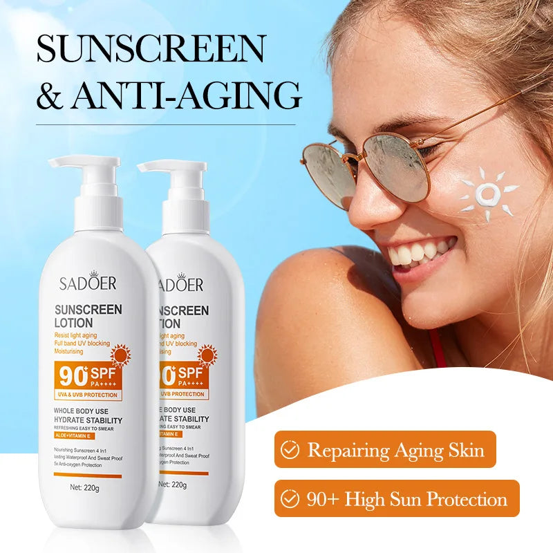 Loción solar súper 220ml con vitamina E para el cuerpo y la cara SPF 90 PA++++ Uso del cuerpo entero Protege + Hidratación