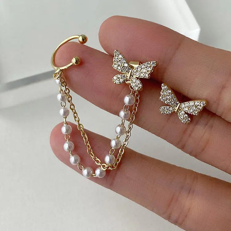 Pendientes de tuerca de mariposa con diamantes de imitación para mujer y niña, joyería de cadena de Metal, regalos