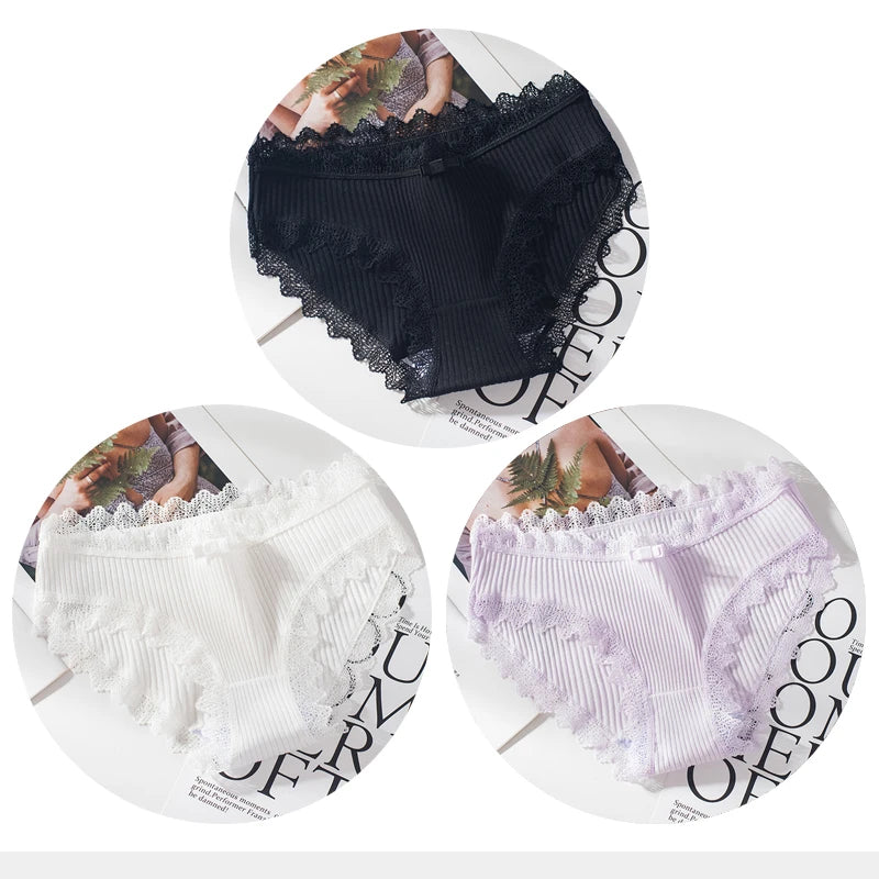 Bragas de algodón para mujer, bragas de encaje sexis, bragas de Color sólido para niñas, juego de ropa interior, ropa interior, Dropshipping 3 unids/lote