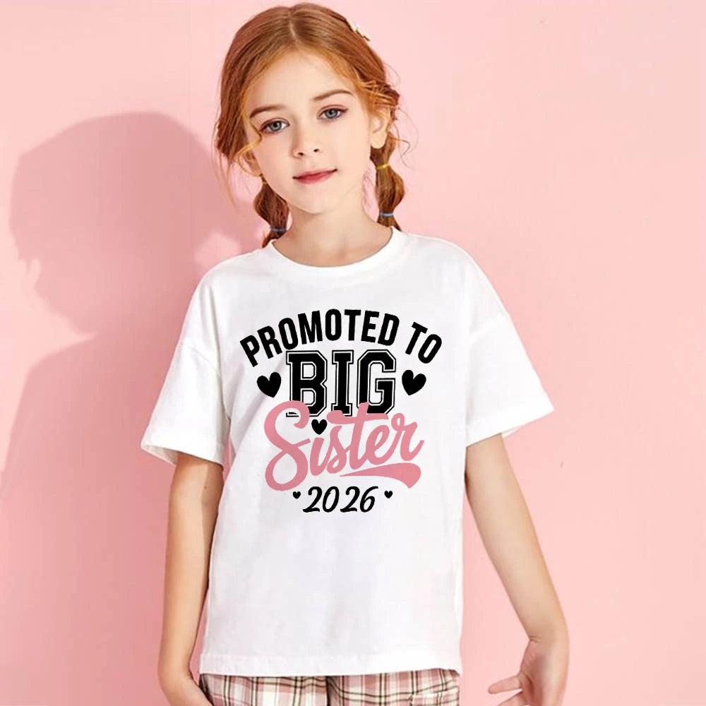 Promocionado a la hermana mayor 2026, camisas estampadas para niños, ropa de anuncio para bebés, camiseta para niñas, camisetas de manga corta de verano para niños