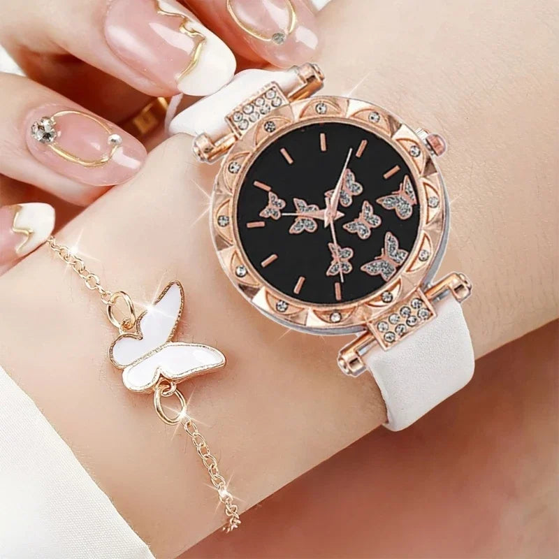 Conjunto de joyería de mariposa (sin caja), relojes para mujer, relojes de cuero para mujer, anillos, collar, pendientes, pulsera, regalo de boda