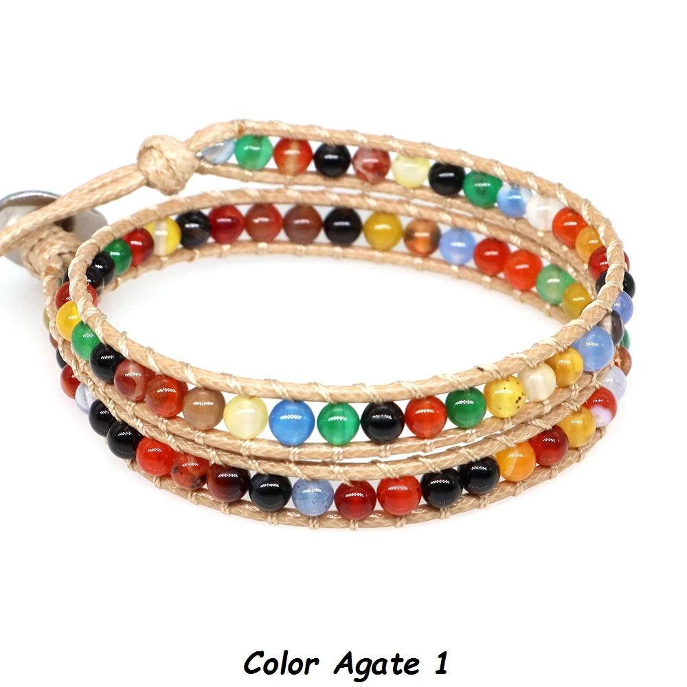 Pulsera de cuentas bohemias de piedra Natural, lapislázuli, 2 hebras, brazalete tejido de cuerda de cuero multicapa para mujeres y hombres, regalo de joyería