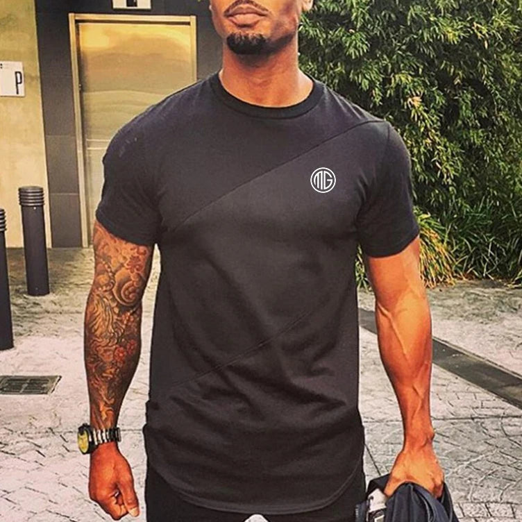 Camiseta musculosa para hombre, camisetas para gimnasio, culturismo, Fitness, Tops de algodón de retales, camiseta ajustada de malla, Camiseta deportiva de algodón de manga corta