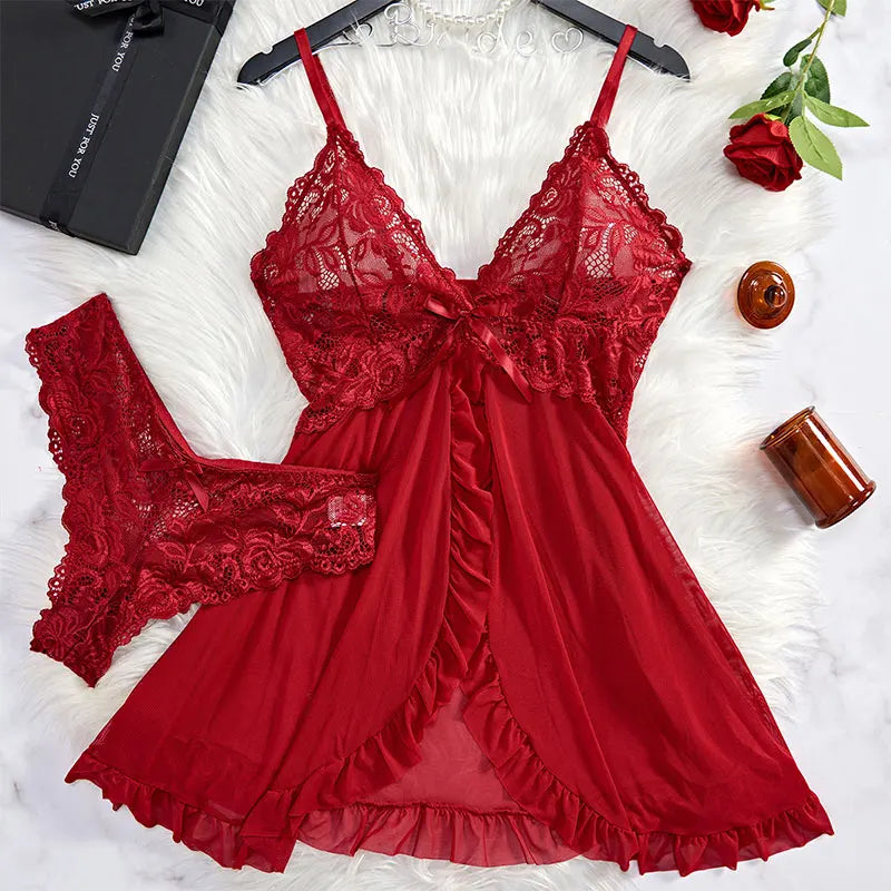 Conjunto de 2 uds de camisón de encaje para mujer, ropa de casa exquisita, nuevo pijama verde para la noche, camisón transparente dividido, conjuntos de bragas con sujetador con cuello en V