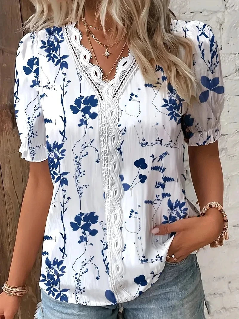 2024 moda Casual camisa de vacaciones mujer verano cuello pico ahueca hacia fuera blusa de Color sólido mujer elegante rayas Jacquard Casual Tops