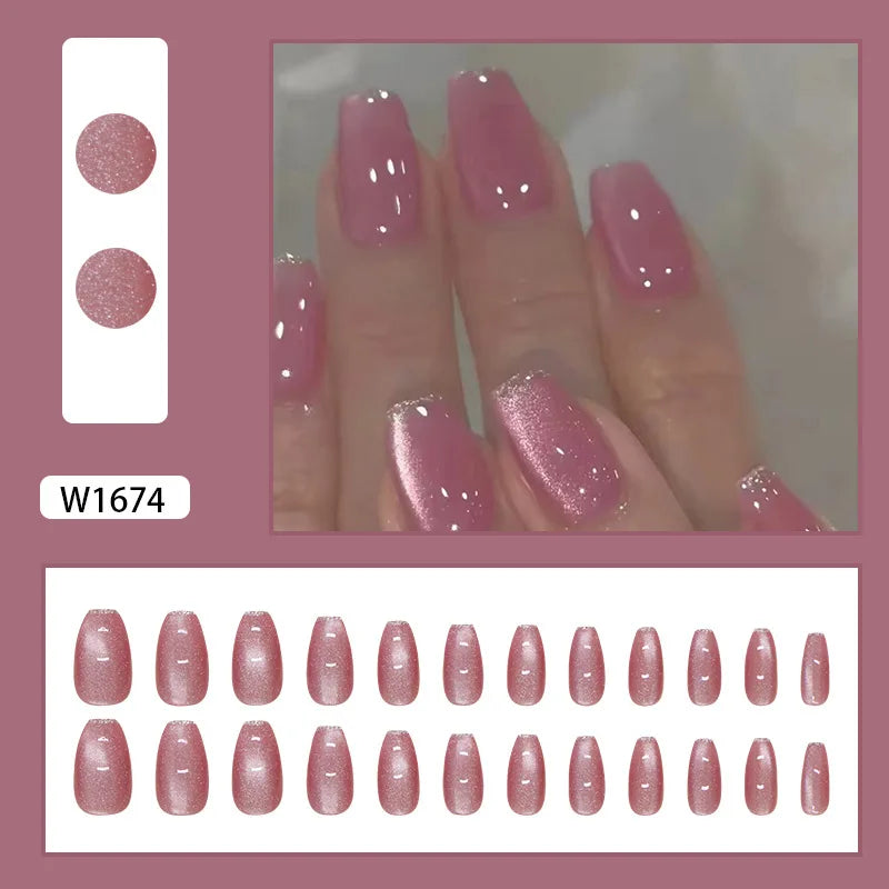 Dulce francés 24 Uds. De uñas postizas degradadas rosas, manicura de dedos artificiales brillantes, uñas postizas reutilizables para mujeres