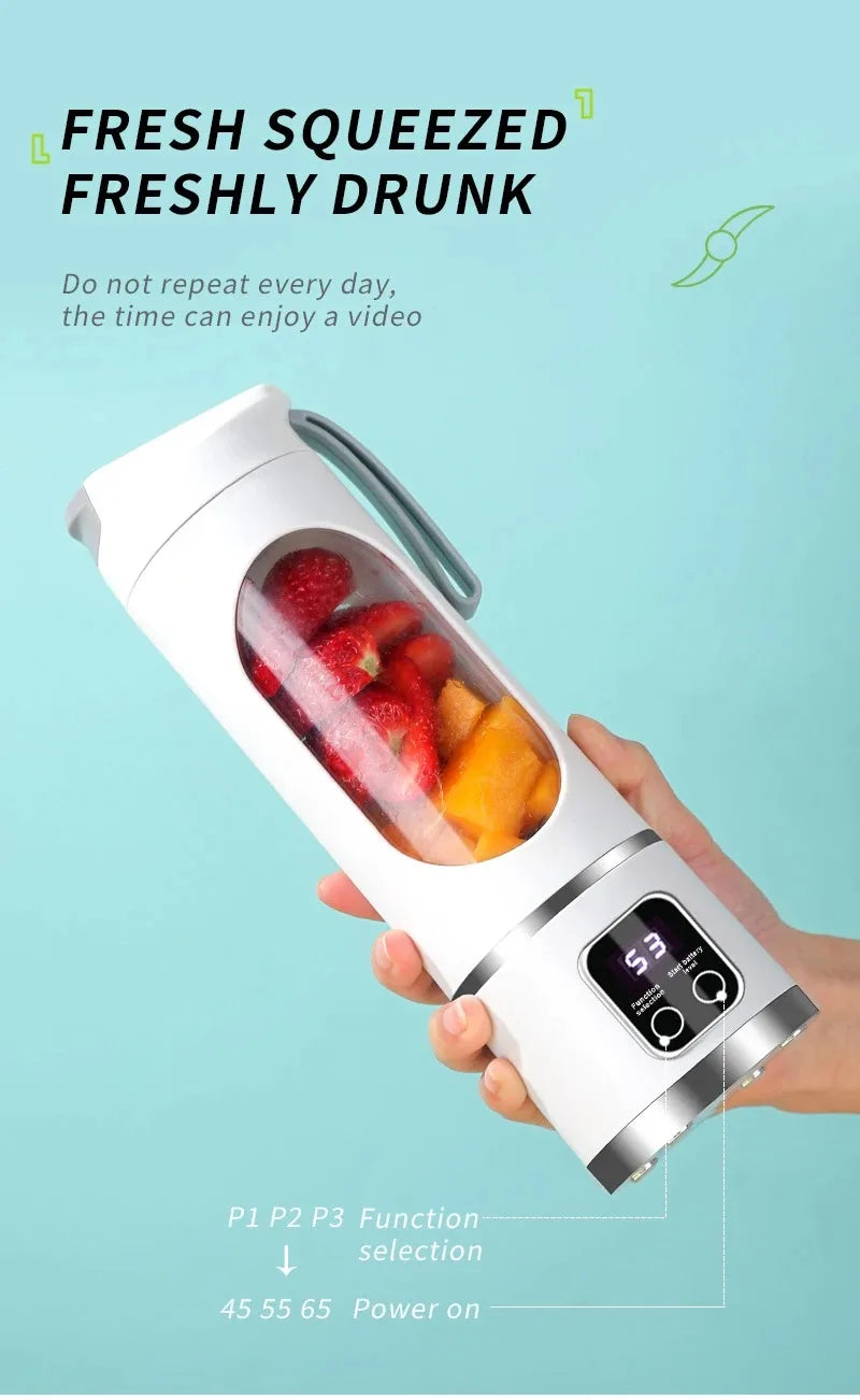 Exprimidor de frutas portátil de 10 hojas, capacidad de 450ml, 3 engranajes, licuadora recargable por USB, trituradora de hielo para batidos y batidos, taza exprimidora