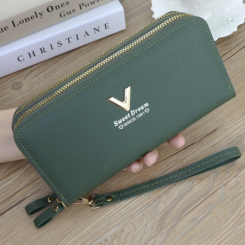 Cartera larga con doble cremallera para mujer, tarjetero de gran capacidad de cuero PU, bolso de mano con bolsillo para teléfono