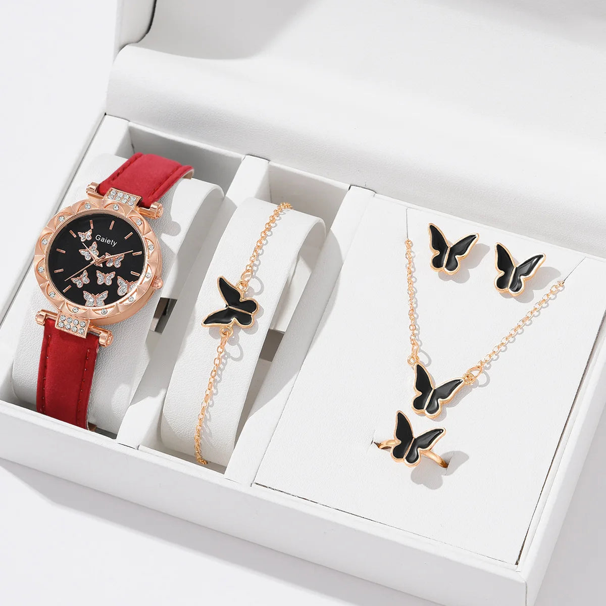Conjunto de joyería de mariposa (sin caja), relojes para mujer, relojes de cuero para mujer, anillos, collar, pendientes, pulsera, regalo de boda