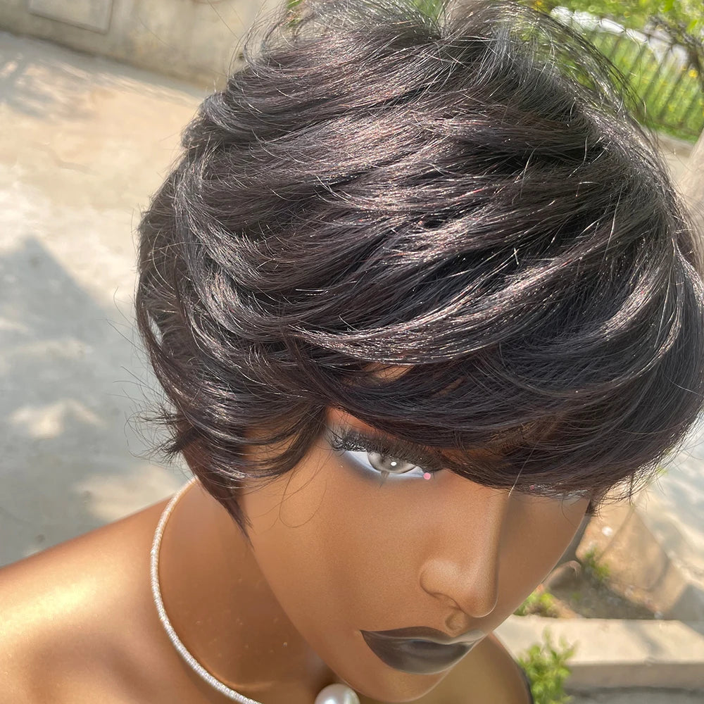 Peluca corta de corte Pixie, cabello humano para mujeres negras, pelucas hechas a máquina con flequillo, peluca corta, pelucas de cabello humano