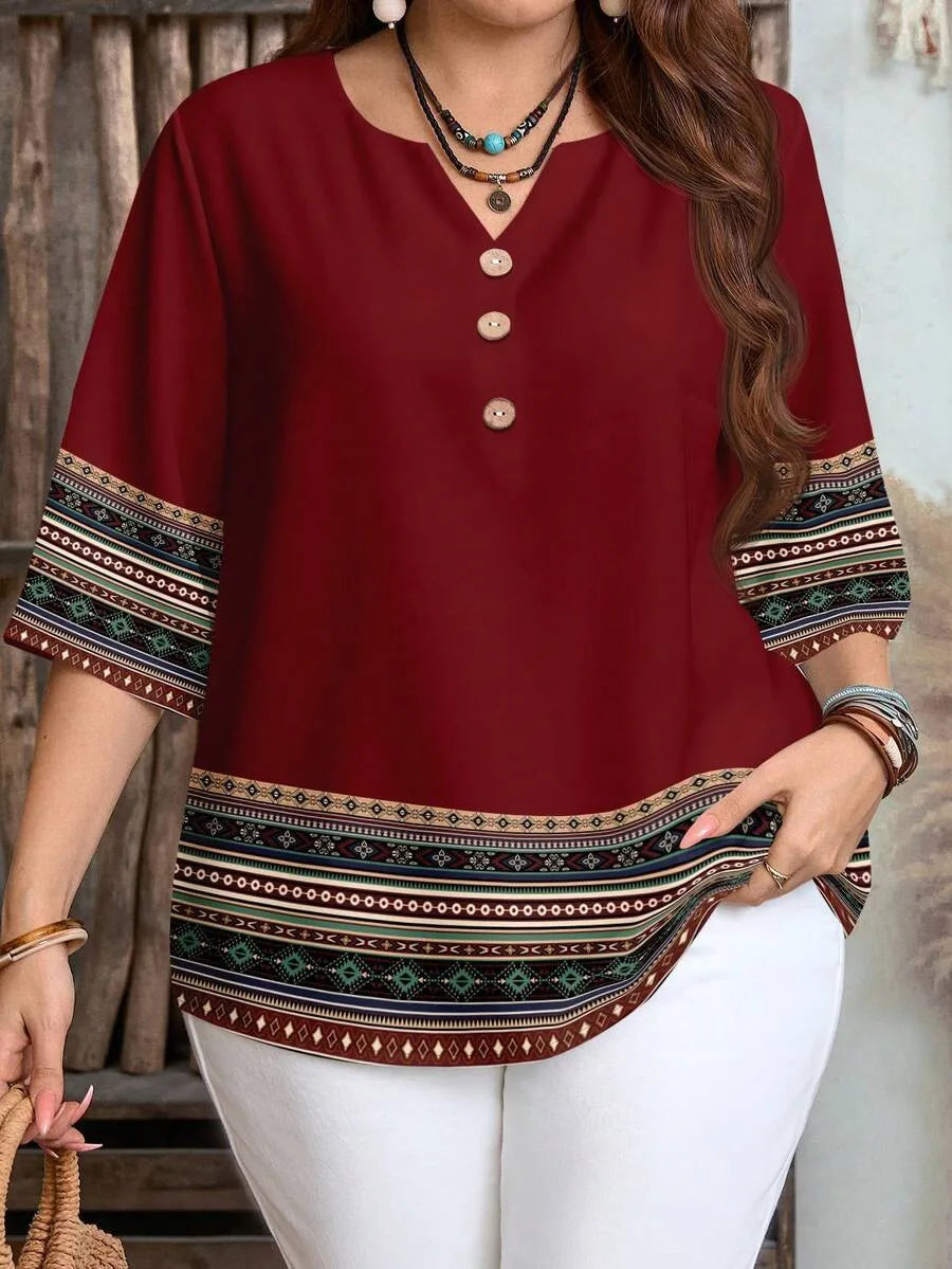 Camisa de manga corta de ocio con botón frontal y patrón retro para mujer de talla grande primavera/verano/otoño traje esencial de verano
