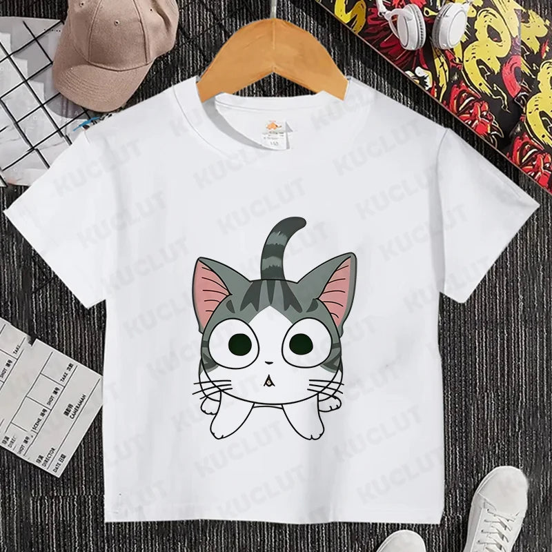 Camiseta con estampado de gato para niños y niñas, camiseta de dibujos animados, camiseta informal de manga corta, ropa cómoda y divertida para verano