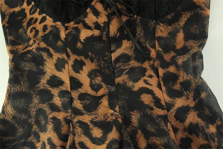 Ahagaga-Mini Vestidos sexis de leopardo para mujer, camisola sin mangas con cuello en V, lazos de encaje ajustados, ropa de calle sin espalda, Vestidos ceñidos