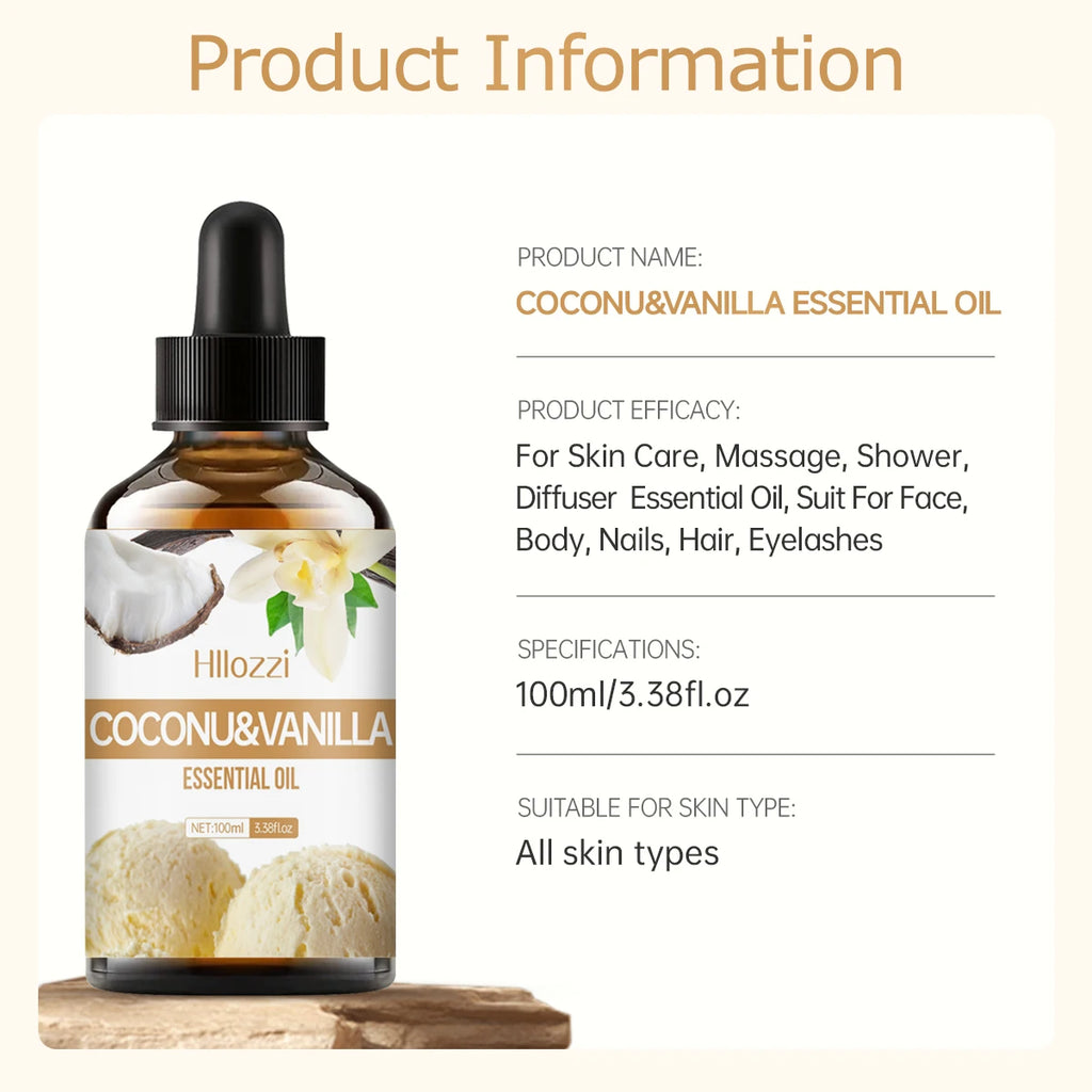 Los aceites esenciales de coco y vainilla se pueden utilizar para el masaje corporal, fabricación de velas y jabón de bricolaje, fragancia duradera, sin alcohol.