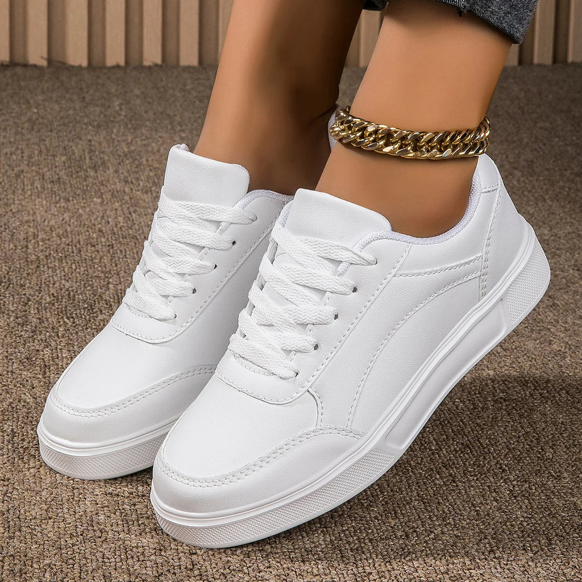 Baasploa Zapatillas de deporte informales para mujer Zapatillas de plataforma de cuero para mujer Zapatos de skate cómodos clásicos antideslizantes