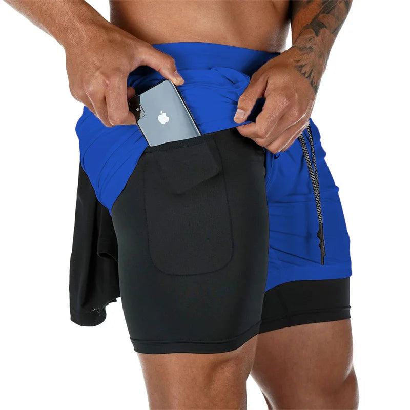 Pantalones cortos deportivos de doble capa para hombre, pantalones cortos deportivos 2 en 1 para entrenamiento de gimnasia, entrenamiento de secado rápido, trote, doble cubierta, verano