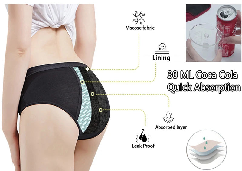 Bragas menstruales absorbentes de 4 capas a prueba de fugas para mujer, pantalones fisiológicos de flujo pesado, calzoncillos posparto de algodón de talla grande