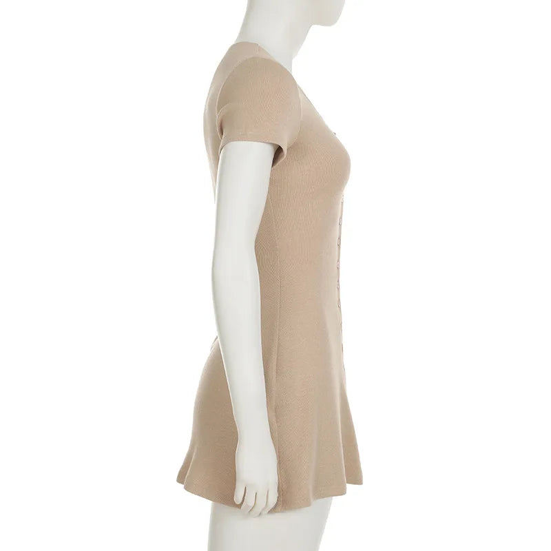 Novedad de verano, minivestido elegante de punto sin tirantes para mujer, vestidos de manga corta con cuello en V y botones, ropa de calle para mujer Ne