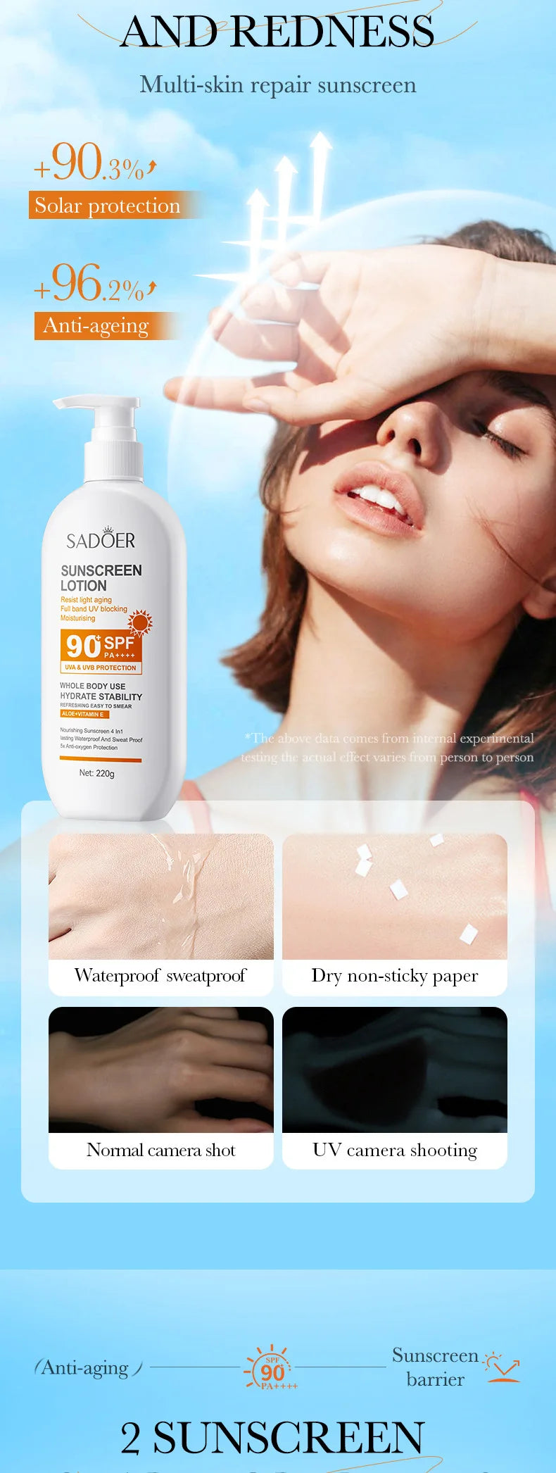 Loción solar súper 220ml con vitamina E para el cuerpo y la cara SPF 90 PA++++ Uso del cuerpo entero Protege + Hidratación