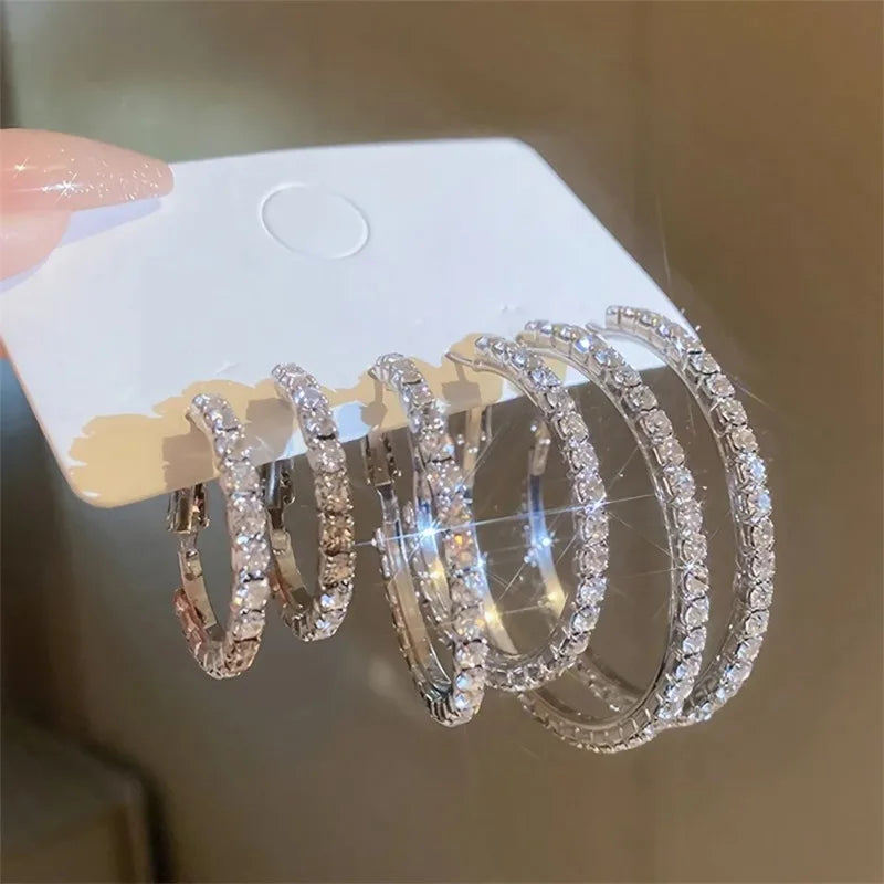 Juego de 1-3 pares de pendientes de aro circulares con diamantes de imitación exagerados y brillantes para mujer, joyería Simple y brillante