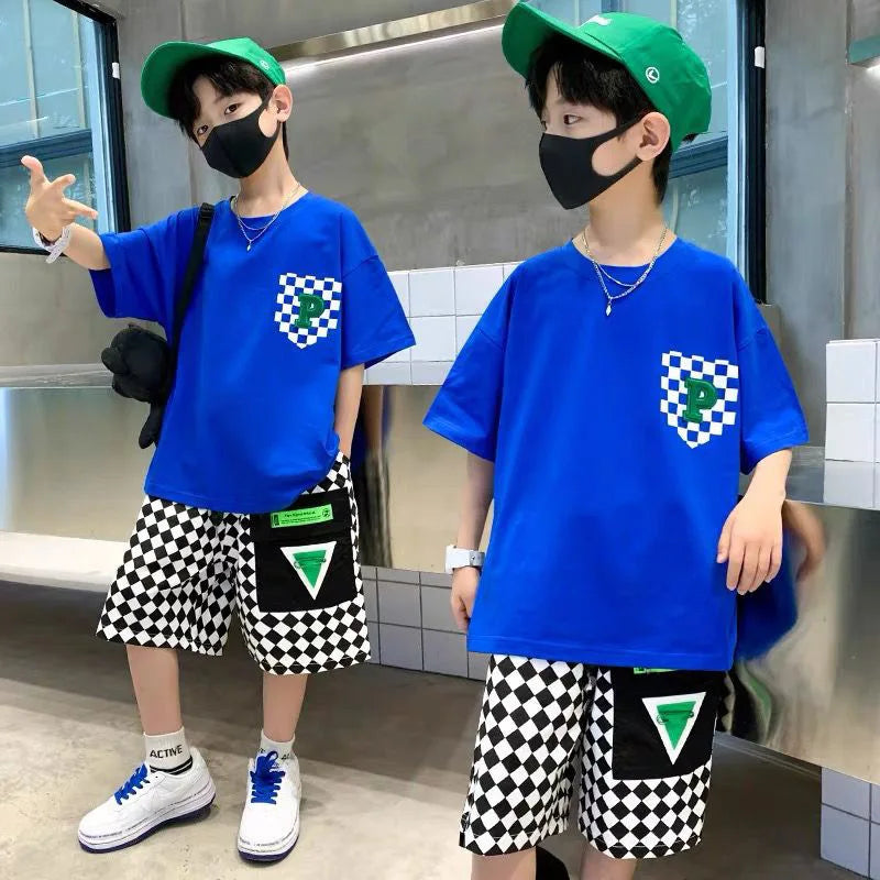 Conjunto de ropa de moda para niños, ropa de verano de manga corta para adolescentes, traje, camiseta con letras, pantalones cortos a cuadros, 2 uds., trajes de ropa de descanso para niños