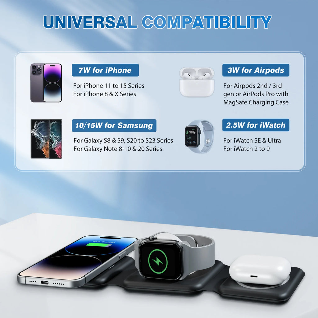 Cargadores inalámbricos magnéticos de 15W, base de carga plegable 3 en 1 para teléfono, carga rápida de viaje para Apple Watch IPhone 14/13/12/11/X AirPods